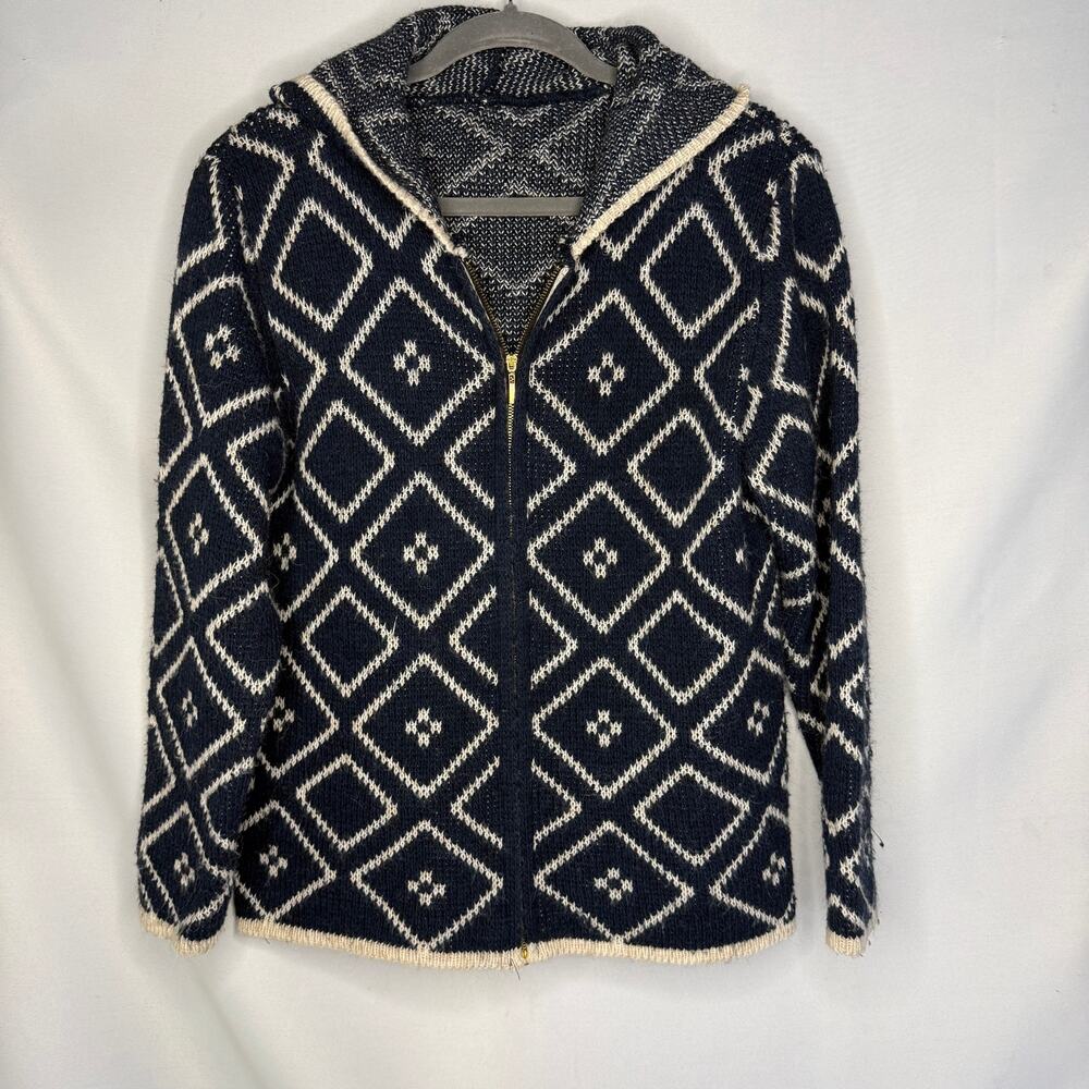 Vintage Wool Mohair Blend Geometric Knit Full Zip Hooded Sweater Italian